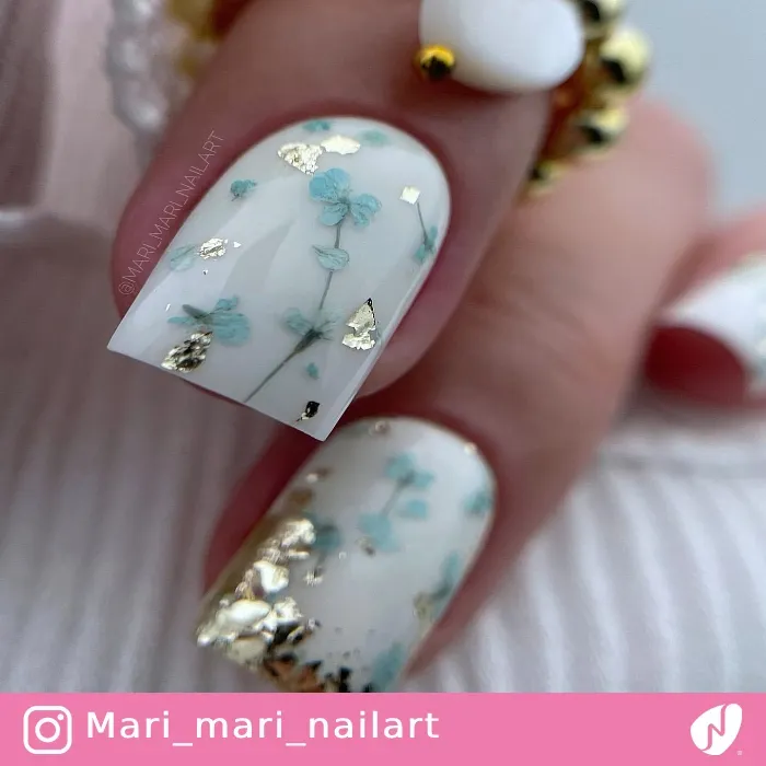 Blue Flower Nails with Foils